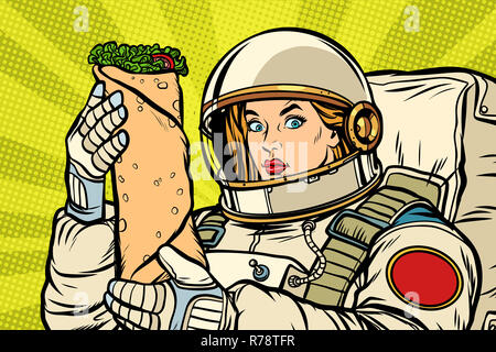 Faim femme astronaute avec kebab Shawarma Banque D'Images