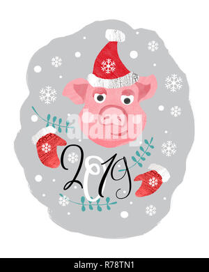 Drôle illustration dessiné à la main avec un dessin de porcelet. Année du cochon 2019. Symbole du Nouvel an chinois. Concept simple zodiac de cochon. Banque D'Images