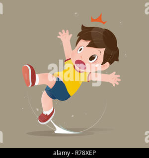 La chemise jaune cartoon boy sentir choc car de glisser dans une flaque sur le sol. Illustration de l'enfant ont l'accident glissant sur sol humide. Conc Banque D'Images