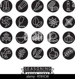 Collection d'épices, herbes, condiments et assaisonnements vector icons, négatif en cercles noirs Illustration de Vecteur