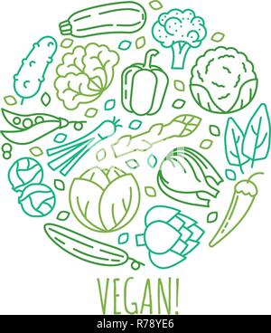Modèle de logo pour la nourriture végane ou d'affaires avec des icônes disposées en forme circulaire Illustration de Vecteur