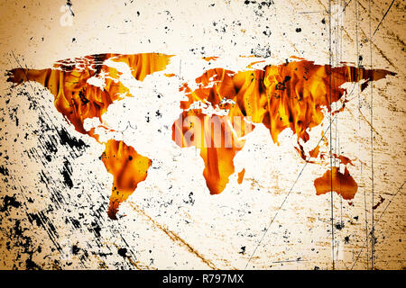 Carte du monde et fire flames Banque D'Images