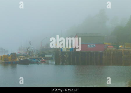 Red Lobster barn, Pier et de pièges dans le brouillard. Situé dans l'anse du maquereau, Bailey Island près de Land's End et l'océan Atlantique. Glen's est populaire en été. Banque D'Images