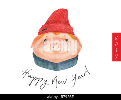 Bonne Année 2019 Carte postale Cochon Teen Boy Banque D'Images