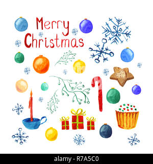 Ensemble de symboles de Noël. Boules, neige, bougie, biscuit, gâteau, cadeaux. Décoration de Noël à l'aquarelle, illustration. Carte Joyeux Noël Banque D'Images