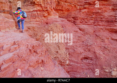 Une jeune fille climber avec sac à dos grimpe le sentier jusqu'à un mur rocheux. alpinisme sur la route dans le Grand Canyon rouge. Désert d'Israël, Eilat Banque D'Images