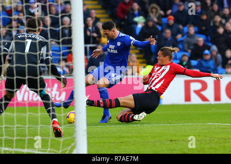 Southampton, UK. 8 décembre 2018. Jannik Vestergaard de Southampton s'attaque à Sean Morrison, de la ville de Cardiff au cours de la Premier League match entre la ville de Cardiff et de Southampton au Cardiff City Stadium, Cardiff, Pays de Galles, le 8 décembre 2018. Photo par Dave Peters. Usage éditorial uniquement, licence requise pour un usage commercial. Aucune utilisation de pari, de jeux ou d'un seul club/ligue/dvd publications. Credit : UK Sports Photos Ltd/Alamy Live News Banque D'Images