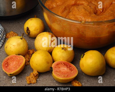 La goyave fruit d'être traitée dans une cuisine de campagne. La récolte sauvage frais, fruits. La goyave rose et jaune. Banque D'Images