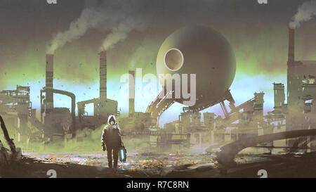 Combinaison de protection avec l'homme dans une usine industrielle rempli de gaz toxiques, de l'art numérique, style peinture illustration Banque D'Images