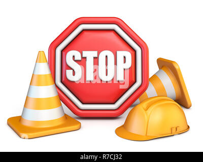 Stop, cônes et casque de sécurité le rendu 3D illustration isolé sur fond blanc Banque D'Images