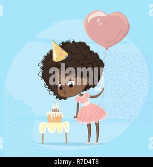 African American Girl Blowing Birthday Cake bougie. Caractère Baby Girl wearing robe rose célèbrent la naissance de dépôt de la Partie vers le ballon. Télévision Cartoon Vector Illustration Illustration de Vecteur