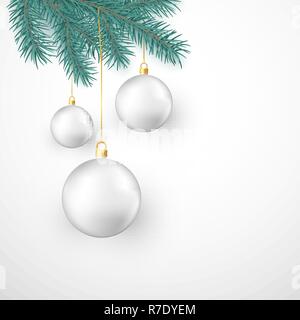 Boules de Noël blanc accroché à la branche de sapin. Maison de vacances d'hiver de l'élément de décoration. Vector illustration isolé sur fond blanc Illustration de Vecteur