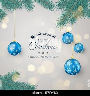 Bonne année historique pour les saisonniers des cartes de Vœux et des bannières. Boules de Noël bleu suspendu à des branches de pins et texte d'accueil. Vector illustrat Illustration de Vecteur