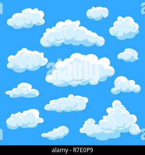 Cartoon jeu nuages sur fond bleu, ciel nuageux Illustration de Vecteur