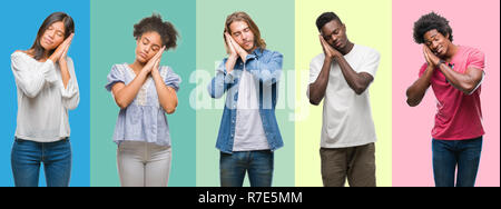 Composition de l'Amérique africaine, hispanique et chinois groupe de personnes sur un fond de couleur vintage fatigué dormir rêver et posant avec les mains bien positionné en couverture Banque D'Images