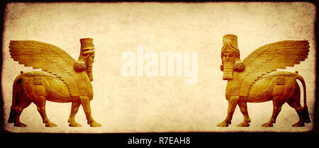 Grunge background avec texture du papier et à tête humaine - lamassu taureau ailé assyrien, statue divinité protectrice. L'espace de copie pour le texte. Modèle de simulation Banque D'Images