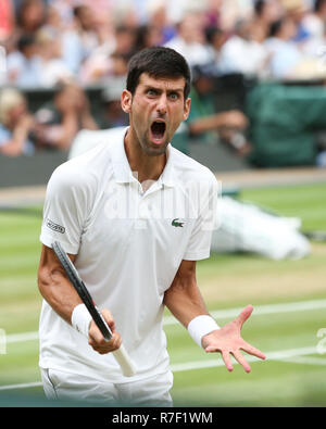 Le joueur Serbe Novak Djokovic réagit à Wimbledon, Londres, Angleterre, Royaume-Uni. Banque D'Images