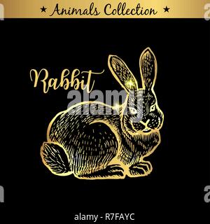 Et royal Golden Hand Drawn emblème de lapin de ferme animal. Boutique de la boucherie de marque, produits de viande. Butcher marché. Contour or Sketch et lettrage. Contour Drawing concept Illustration de Vecteur