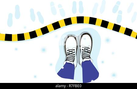 Vector illustration de la vue de dessus de la femelle les jambes, bottes sur la neige, stripe, empreintes de pas. Le concept psychologique de limites personnelles Illustration de Vecteur