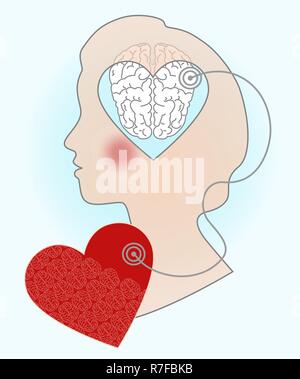 Silhouette d'une tête de jeune fille, une illustration de la relation entre le cerveau et le coeur. Les signaux de l'âme à l'esprit. Illustration de Vecteur