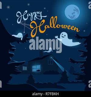 Arrière-plan de l'halloween avec des fantômes, maison hantée et la pleine lune. Flyer ou modèle d'invitation pour Halloween. Vector illustration pour le SRAS Illustration de Vecteur