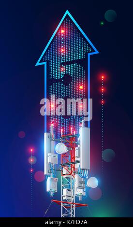 Tour de l'antenne de communication 5g. vitesse rapide de la station mobile internet sans fil émetteur de signal . transfert réseau de télécommunications cellulaires. concept de diffusion. Illustration de Vecteur