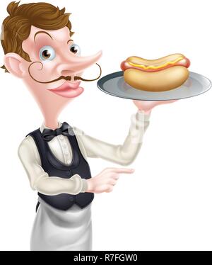 Caricature de hotdog Waiter Butler Pointing Illustration de Vecteur