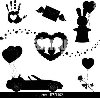 Happy valentines day icônes noires ensemble silhouette isolé sur fond blanc. Maison de l'amour. Collection Mariage ou Saint-valentin éléments pour voiture de souhaits Illustration de Vecteur