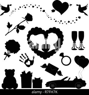 Amour vecteur icons set de 14 signes silhouette valentine rempli modifiable. Ours, coeur, ballons, flèche, coeur rose, kissing couple, juste marié c Illustration de Vecteur