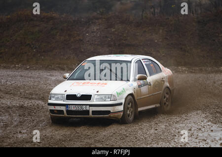 Høvringen, Croatie - le 25 novembre 2018. 9ème Show Rallye Santa Domenica. Blazenko Pesut et Caroll Kregar de Croatie en course la Skoda Octavia. Banque D'Images