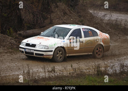 Høvringen, Croatie - le 25 novembre 2018. 9ème Show Rallye Santa Domenica. Blazenko Pesut et Caroll Kregar de Croatie en course la Skoda Octavia. Banque D'Images