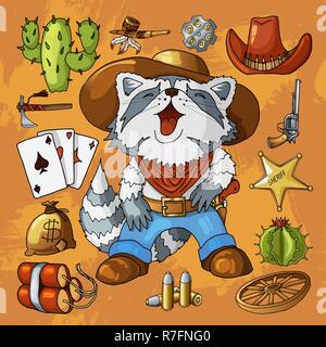 Western wild west art stickers set. Pistolet, des balles, cactus et beaucoup d'autres articles Illustration de Vecteur