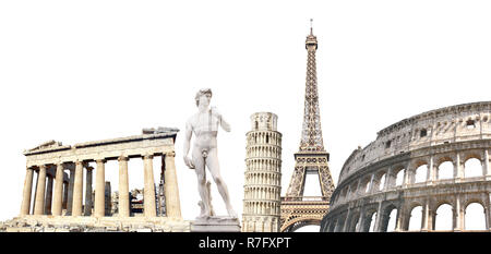 Monuments célèbres de l'Europe - Tour Eiffel à Paris, Tour de Pise ; Parthénon à Athènes, le David de Michelangelo. Isolé sur fond blanc Banque D'Images