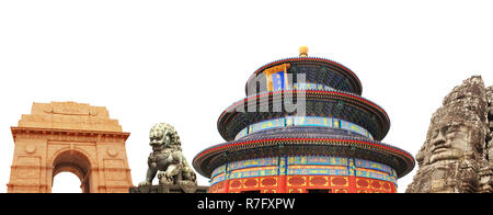 Monuments célèbres de l'Asie - Temple du Ciel à Beijing ; statue de lion chinois dans la Cité Interdite, la porte de l'Inde à New Delhi, Inde, face pierre dans Banque D'Images