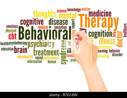 La thérapie comportementale nuage de mots la main concept sur fond blanc. Banque D'Images
