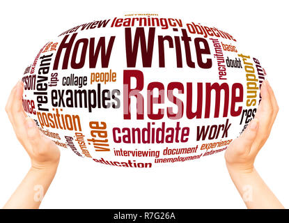 Comment écrire cv word cloud main concept de sphère sur fond blanc. Banque D'Images