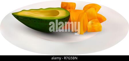 Vert et jaune réaliste d'avocat tomates dans une assiette. Vector illustration. Exotiques fruits exotiques à l'avocat d'evergreen. Tomates jaunes sont les légumes les plus précieux Illustration de Vecteur