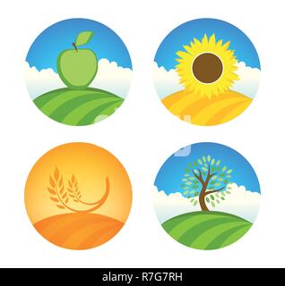 Vector Logos avec Apple, le tournesol et le blé nature farm la récolte sur l'illustration ronde colorées isolé sur blanc. Illustration de Vecteur