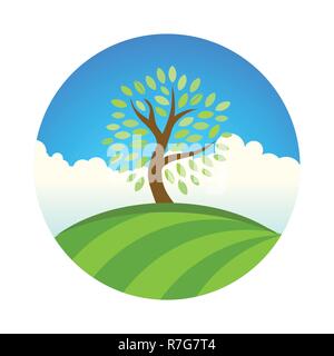 Paysage avec le logo de l'éco jardin ou parc, arbre sous ciel bleu. Vector illustration of natural fruit farm et de la récolte. Illustration de Vecteur