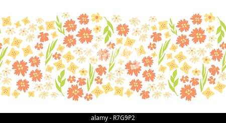 Spécial Printemps fleurs répéter vectoriel continu frontière. Hand drawn frontière floral vert, jaune, rose. Doodle scandinave télévision ditsy flower. Super pour printemps, été, Pâques, tissu, robe, papier peint, décor de carte Illustration de Vecteur