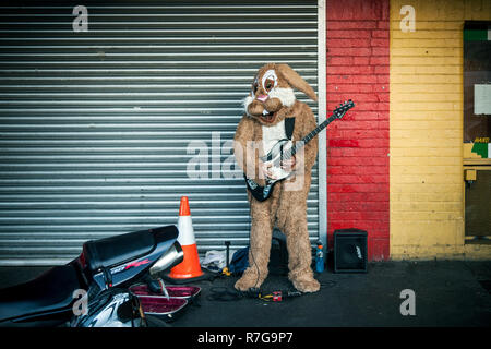 Lapin jouant de la guitare sur le trottoir. Banque D'Images