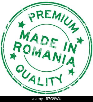 Grunge de qualité premium vert Fabriqué en Roumanie joint en caoutchouc rond tampon sur fond blanc Illustration de Vecteur