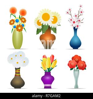 Des vases de fleurs. Vase fleur plante vecteur illustration, avec bouquet de tulipes jaunes et rouges coquelicots Illustration de Vecteur