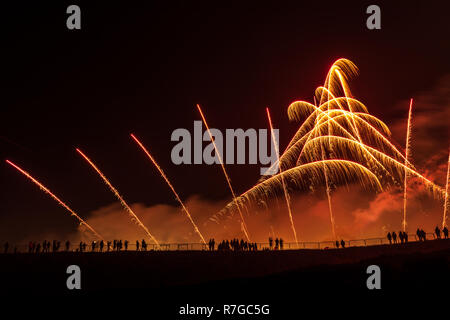 D'artifice dans la nuit sous la forme d'un arbre de Noël, avec des silhouettes d'observer les gens. Banque D'Images