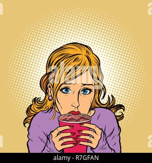 Jeune femme en papier café chaud. Comic cartoon retro pop art dessin illustration vectorielle Illustration de Vecteur