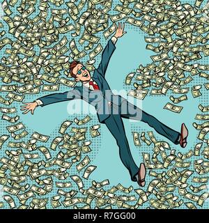 Businessman making snow angel argent dollars beaucoup. Comic cartoon retro pop art dessin illustration vectorielle Illustration de Vecteur