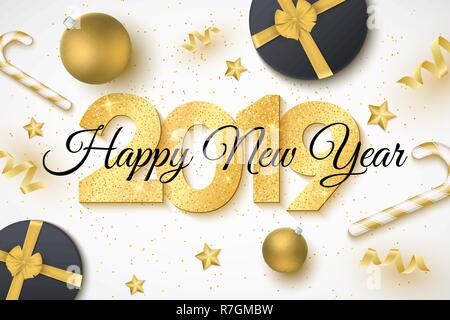 Bonne année 2019. Nombre de paillettes d'or. Boîte-cadeau. Boules de Noël, étoile, confetti, sucettes et serpentine. Design moderne et ambiance festive. Ve Illustration de Vecteur