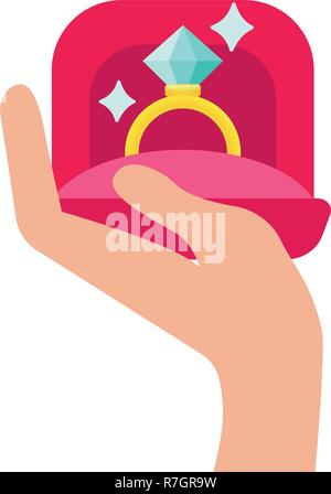 La main de l'homme tenant une boîte-cadeau avec bague de fiançailles à l'intérieur sur fond blanc. Illustration vecteur icône Illustration de Vecteur