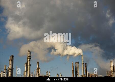 Fumée provenant d'une installation complexe de tours et de tuyaux métalliques dans une raffinerie industrielle de pétrole et de gaz à Corpus Christi, Texas, États-Unis Banque D'Images