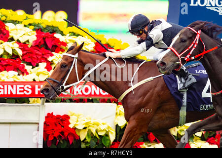 Sha Tin, de nouveaux territoires, aux États-Unis. 9Th Mar, 2018. HONG KONG, Sha Tin-Décembre 09 : # 4 Exultante, montée par Zac Purton, remporte le Vase de Hong Kong à l'hippodrome de Sha Tin, le 9 décembre 2018 à Sha Tin, de nouveaux territoires, à Hong Kong. Kaz Ishida/Eclipse Sportswire/CSM/Alamy Live News Banque D'Images